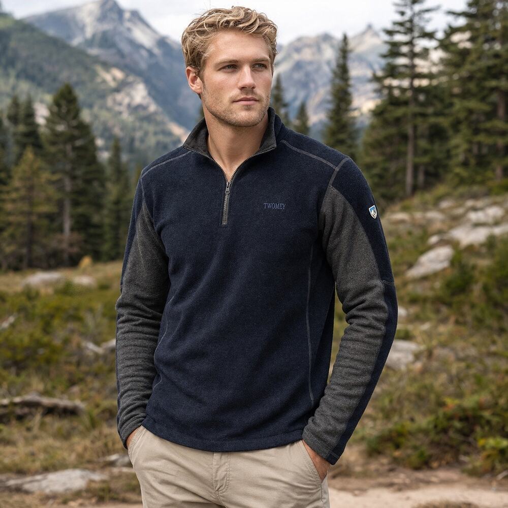 Kuhl 1/4 Zip Fleece Pullover Sz XL Black Gray Outdoor Sweater Twomey Embroidery